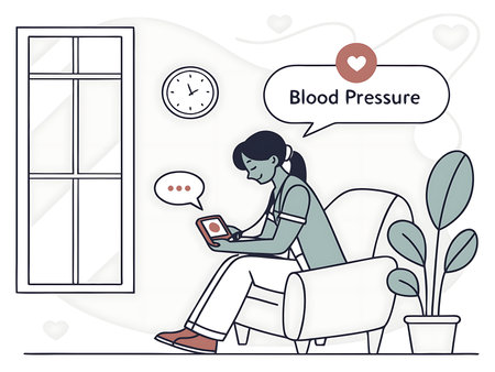 Illustration of a young woman measuring her blood pressure in a peaceful home setting using a digital monitor. This image suits health blogs, educational platforms, and wellness promotions.の素材
