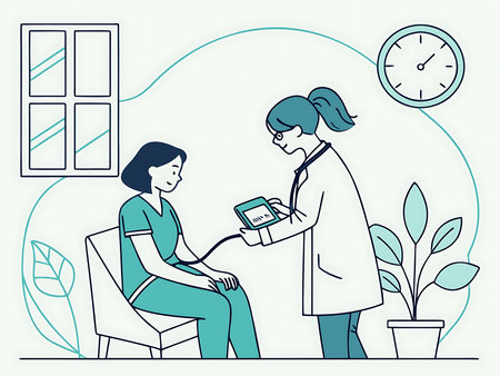 Flat infographic illustration of a female doctor overseeing a young woman using a digital blood pressure monitor in a clean, modern clinic setting. Perfect for use in medical websites, health education, and wellness promotions.の素材