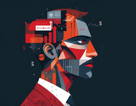 A powerful cubist abstract of a businessman surrounded by growth arrows, bar charts, and finance symbols. Strong visual statement for success and strategy in the business world.の素材