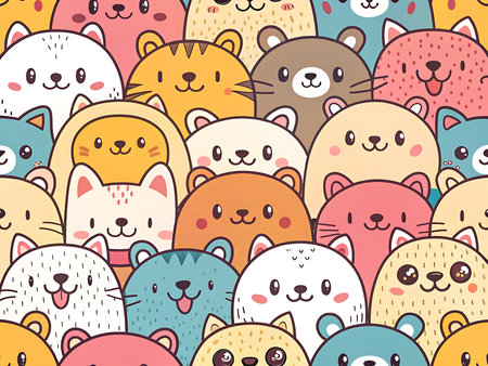 A vibrant and densely-packed doodle art pattern featuring cute cartoon cats, dogs, and bears in a hand-drawn style. Full of playful energy and bright colors, this seamless design is perfect for children's products, wallpapers, textiles, and fun branding projects.の素材