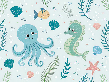 A seamless cartoon pattern of gentle sea life characters in soft mint and blue tones, ideal for baby bedding sets or childrenâs tablecloth designs.の素材