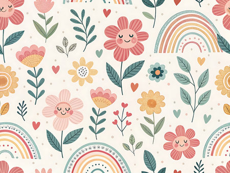 A whimsical seamless pattern featuring hand-drawn flowers, rainbows, and hearts in soft pastel colors. This playful design is perfect for nursery wallpaper, children's fabric, stationery, and cheerful packaging.の素材