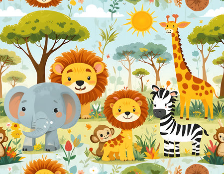 A cheerful seamless pattern of cute safari animals in bright, playful colors including lion, elephant, and giraffe â ideal for childrenâs rooms, curtains, blankets, or wallpaper.の素材