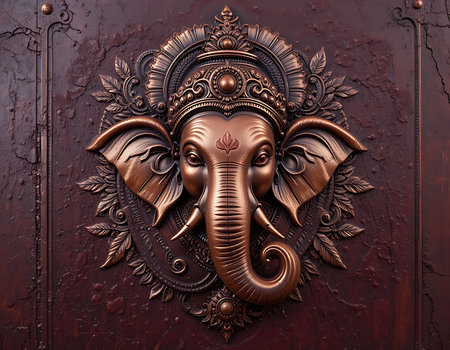 A striking 3D metallic artwork of Lord Ganesha's head in glowing copper and red tones, set against a deep maroon background. Featuring intricate ornamentation and spiritual symbolism, this luxurious Indian design combines divine elegance with a rich metallic effect, ideal for decor, prints, or sacred art collections.の素材