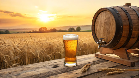 A realistic image of a cold beer glass and classic wooden barrel placed on a rustic wooden table, set against the golden glow of a barley field at sunset. Perfect for beverage ads, breweries, or farm-to-table promotions.の素材