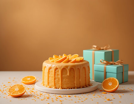 A studio-shot image of a delicious orange cake topped with fresh orange slices and glossy glaze. The cake sits on a clean table surrounded by festive gift boxes. Ideal for birthday or celebration-themed content with space for personalized messages.の素材