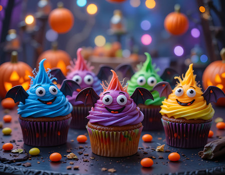 A playful Halloween-themed image showing fantasy cupcakes decorated with cheerful monster faces, bats, and candy eyes. Placed on a lively party table with glowing lights and Halloween decorations in the background. Perfect for childrenâs events, social media, and holiday promos.の素材