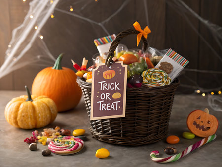 A festive Halloween-themed gift basket overflowing with colorful candies and treats, including lollipops, candy corn, and chocolate. Attached is a decorative card with the phrase âTrick or Treatâ in a spooky, fun font. Styled with Halloween props like pumpkins and cobwebs, this image is perfect for seasonal marketing, invitations, or party flyers.の素材