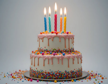 A vibrant 3-tier birthday cake illustration featuring lit candles and festive candy decorations. Designed with an empty area below for adding custom messages. Ideal for banners, birthday flyers, or product packaging for celebrations.の素材