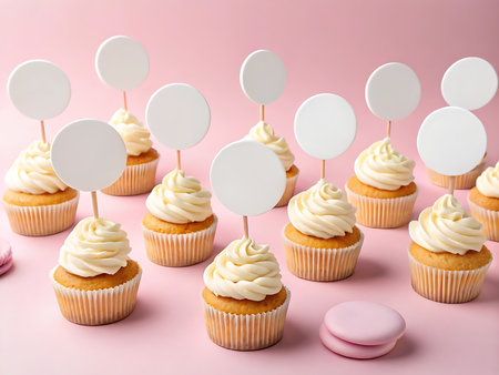 A beautiful cupcake mockup showcasing vanilla cupcakes with blank toppers against a pastel pink backdrop. Perfect for designers to add messages, branding, or event themes. Ideal for bakery marketing, party planning, or greeting card design.の素材