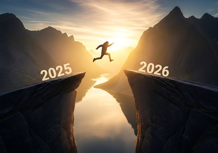 A silhouette person jumping across two cliffs marked 2025 and 2026 during sunrise. Epic, motivational, and symbolic concept representing progress, transition, and new beginnings.の素材