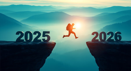 A silhouette man with a backpack jumping across a deep cliff from 2025 to 2026 at sunrise, surrounded by misty mountains in teal and orange tones. Inspirational and motivational concept for new year, goals, and future success.の素材