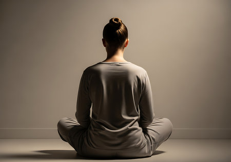 A minimalist meditation concept representing mental clarity, breathing awareness, and emotional balance in modern wellness practices.の素材