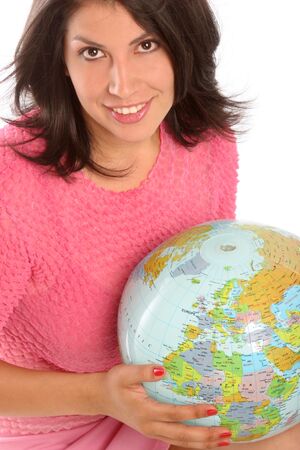 girl with the world in her hands on white backgroundの写真素材