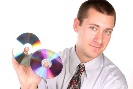 close up of guy with cd in hand isolated on whiteの写真素材
