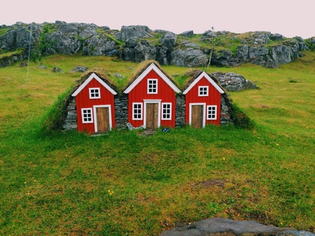 Red little toy houses at Egilsstadir, Icelandの素材