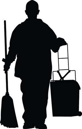 cleaner with a broom and a basketのイラスト素材