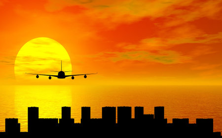 sunset with airplane and city silhouetteの写真素材