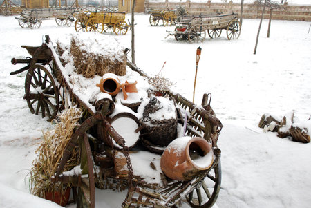 winter scene with old coachの写真素材