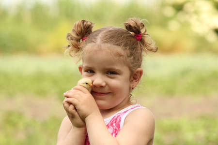 young girl holding little chickenの写真素材