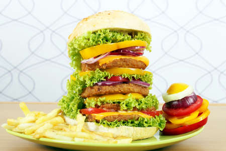 big hamburger with french fries and saladの写真素材