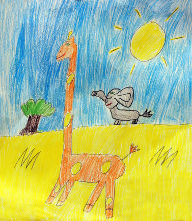 giraffe and elephant children's drawingの写真素材