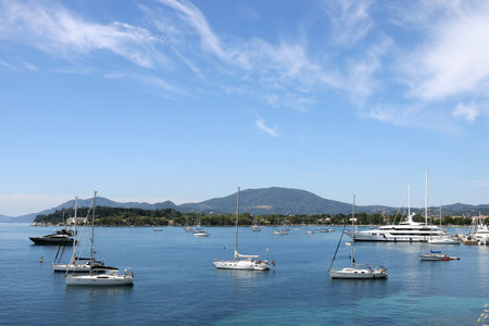 yacht and sailboats Garitsa bay Corfu island Greeceの写真素材