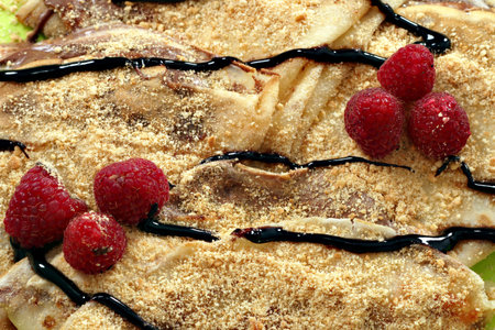 crepes with raspberry and chocolate cream food background