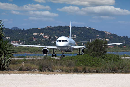 plane at the airport Corfu Greeceの写真素材