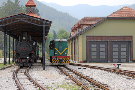 railroad station with old trains