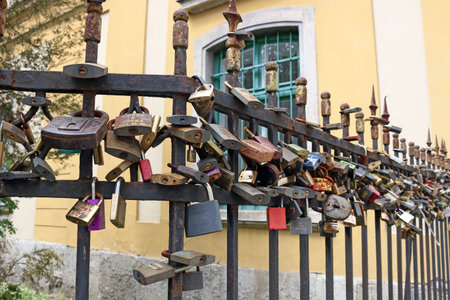 love locks on iron fence Eger Hungary