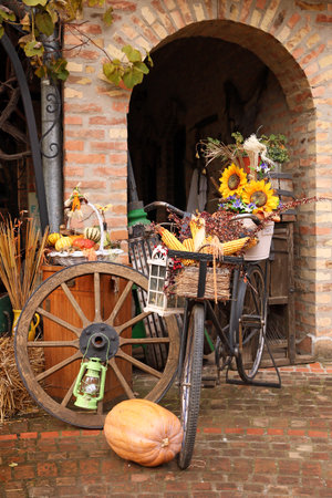 farm yard with old stuff autumn seasonの写真素材