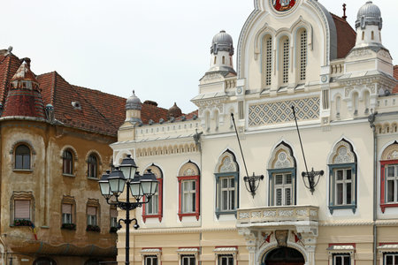 beautiful old buildings detail Union squere Timisoara Romaniaの写真素材