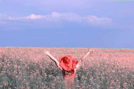 Child with hands up on field spring season