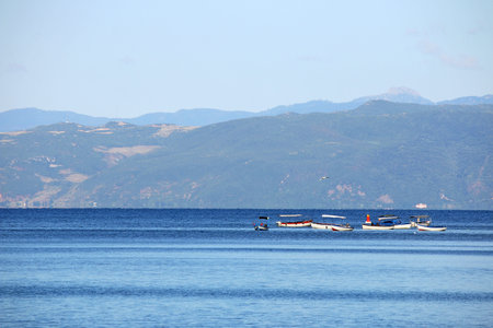 boats on Ohrid lake Macedonia landscapeの写真素材