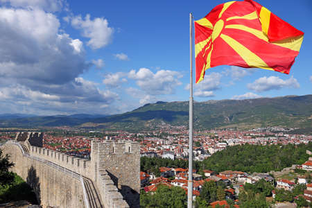 The Macedonian flag on the Samuel fortress Ohrid Macedoniaの写真素材