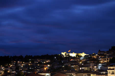 Ohrid city and Samuel fortress at nightの写真素材