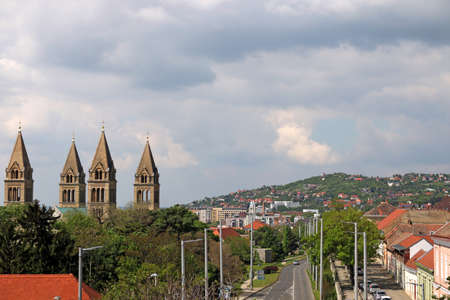 Cathedral and street Pecs cityscape Hungaryの写真素材