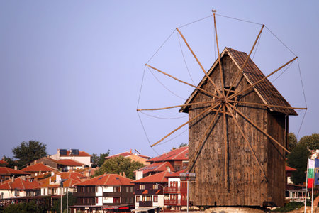 old wooden windmill landmark Nessebar Bulgariaの写真素材