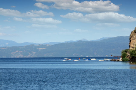 Boats on Lake Ohrid landscape Macedonia