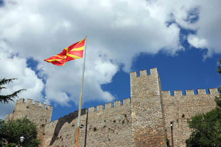 old fortress of tzar Samuel and macedonian flag Ohrid Macedoniaの写真素材