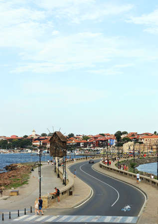 wooden windmill and old town  Nessebar Bulgariaの写真素材