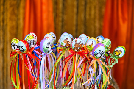 Colorful and painted Easter eggs with animals decoration
