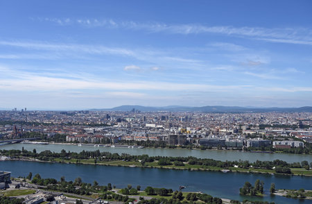 Danube river and Vienna cityscapeの写真素材