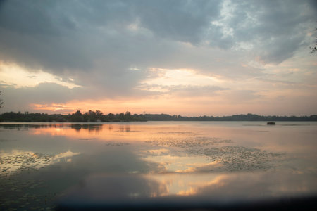 Beautiful sunrice on the lake.Morning Reflectionの写真素材