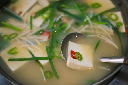 It is Doenjangguk, a traditional Korean dish. Doenjang is an ingredient widely used in Northeast Asian cuisine.の写真素材