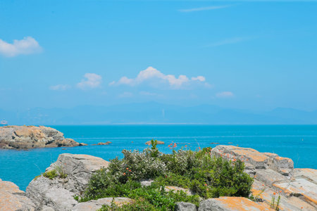 Beautiful seascape with sea and mountain background, Thailand.の写真素材