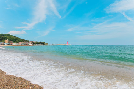 Beautiful beach and sea in summer season, Liguria, Italy