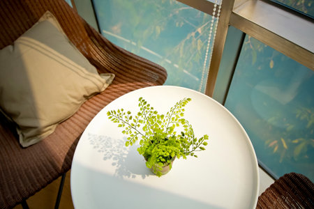 There are comfortable chairs and herbs that are good for resting, and the good smell adds to the feelingの写真素材