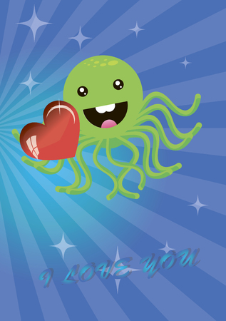 Amusing card with a lovely and nice octopus making a declaration of love.のイラスト素材